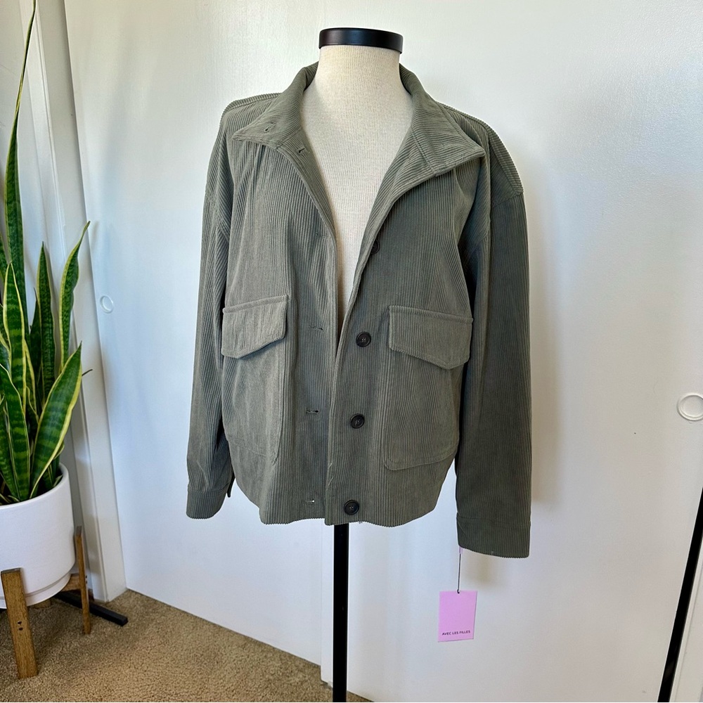 NWT Avec Les Filles cropped olive green Corduroy chore Jacket large